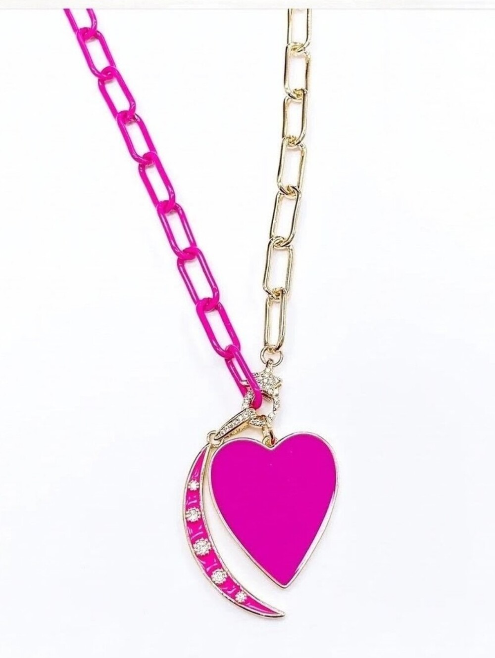 Lucy Moon Hot Pink Cresent Moon & Heart Statement Necklace 16 Inch EUC - Picture 4 of 9